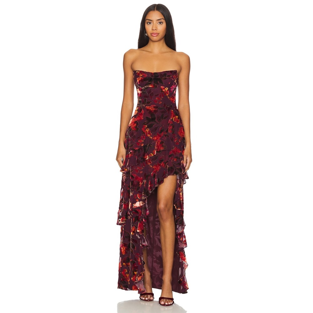 Amanda Uprichard Maxi Dress Plum Floral Burnout Velvet Ruffle High-Low Strapless